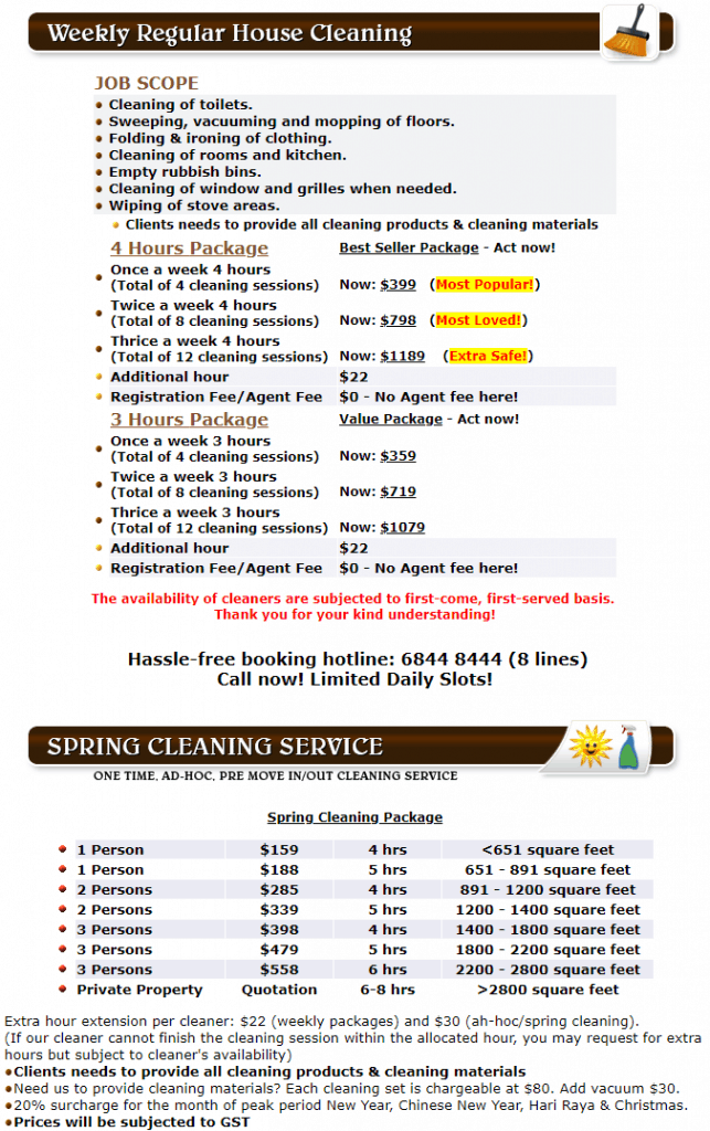 Singapore part-time maid rates